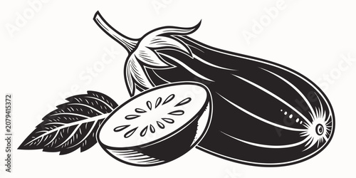Black and white illustration of whole and sliced eggplant with eggplant aubergine vegetable monochrome isolated ingredients culinary botanical