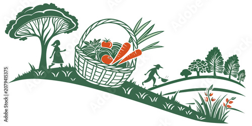 Stylized graphic of farm landscape with basket of vegetables agriculture landscape vegetables illustration nutrition vegetarian culinary