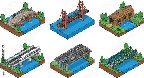 Obraz na płótnie Isometric Bridge Architecture Collection Featuring Suspension Bridge Stone Arch