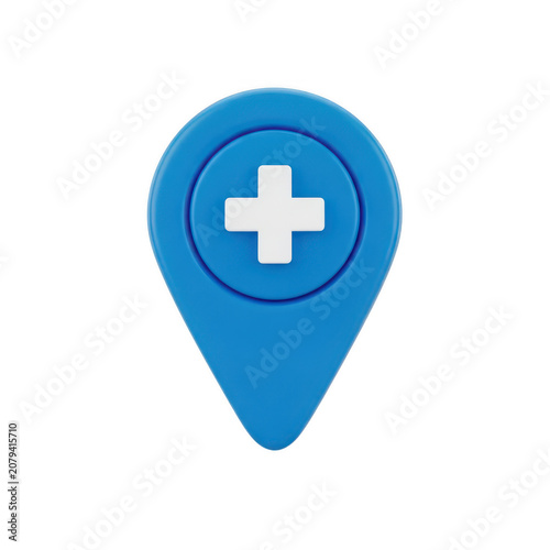 A Three Dimensional Blue Map Pin Featuring A White Medical Cross Symbol