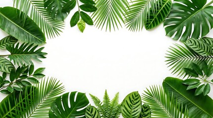 Tropical green leaves border frame with various palm and fern foliage on white background for decoration and design