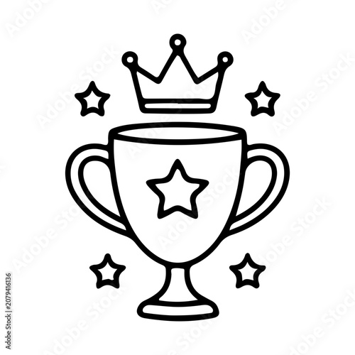 Line art trophy with crown and stars minimalist black and white illustration