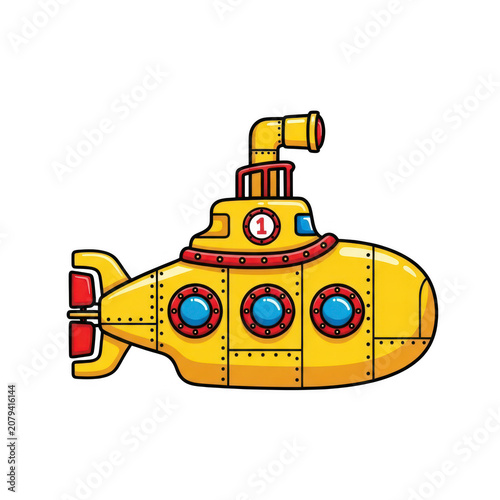 A vibrant yellow cartoon submarine with a number one on the side