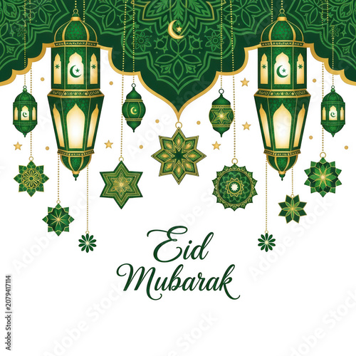 Elegant Green And Gold Lanterns With Decorative Ornaments For Eid Mubarak Celebration
