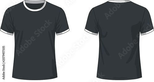 Black ringer t-shirt mockup with white collar and sleeve trim, front and back view, blank apparel template for fashion design