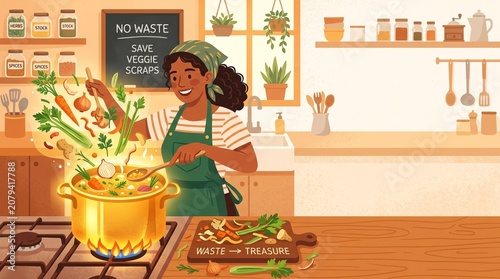 Woman Cooking Vegetable Broth with Kitchen Scraps for Food Waste Reduction, Eco Friendly Zero Waste Lifestyle Vector Illustration