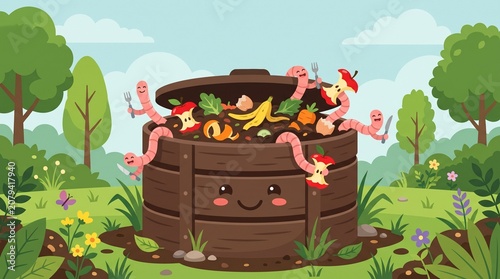 Cute Compost Bin with Earthworms Vector Illustration, Organic Waste Recycling Concept, Cute Worms Eating Food Scraps in Garden Compost Pile, Eco Friendly Fertilizer