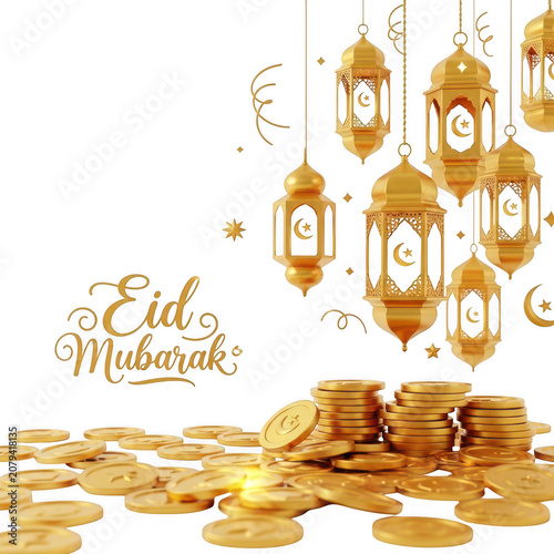 Golden Eid Mubarak celebration with lanterns and scattered coins