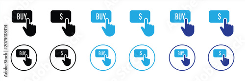 Buy Button and Payment Click Icon Set Collection. with Hand Cursor, Purchase, Checkout, Shopping, Ecommerce, Payment, Dollar Symbol, Flat Glyph Vector Isolated on White Background