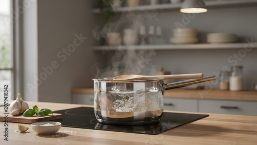 TIPS & TRICKS: Steaming glass pot of boiling water on modern induction cooktop in cozy kitchen with fresh herbs and garlic