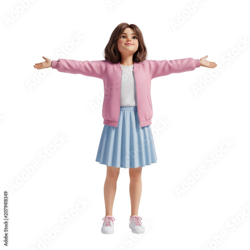 A cute 3D cartoon girl standing with arms wide open smiling happily