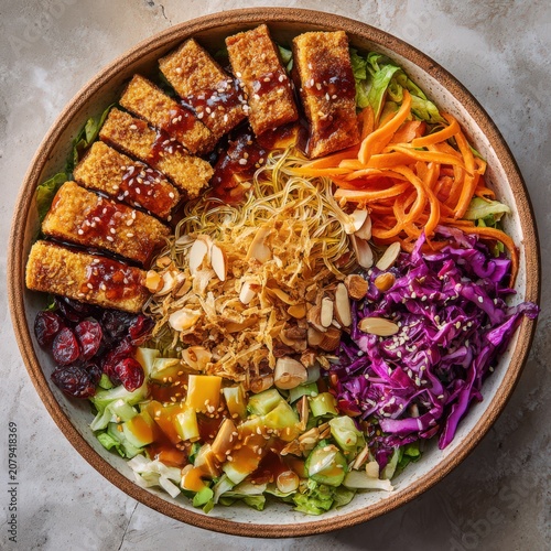 Colorful Buddha Bowl Tofu Vegetables Noodles Plant Based Healthy Food Photography