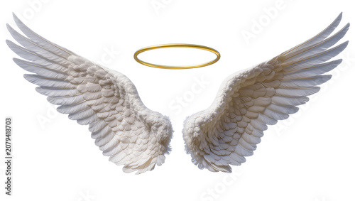 Fotografie Isolated beautiful white angel wings and a radiant golden halo symbolizing purit