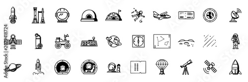 Rocket Icon Set with Space Exploration Elements, Sci Fi Symbols, Line Style Pictograms, Reusable Design for Education Concept