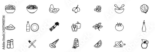 Salad Icons Featuring Various Gourmet Ingredients and Utensils for Cooking Featuring Food, Illustration, Vector with Symbol