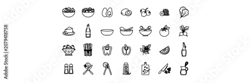 Salad Icons Set of Gourmet Food Illustrations with Bowls, Ingredients, and Garnish Elements for Menu and Cooking Concept