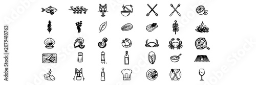 Seafood Grilling Icons Featuring Various Gourmet Food and Cooking Elements Featuring Fish, Shellfish, Shrimp with Lobster