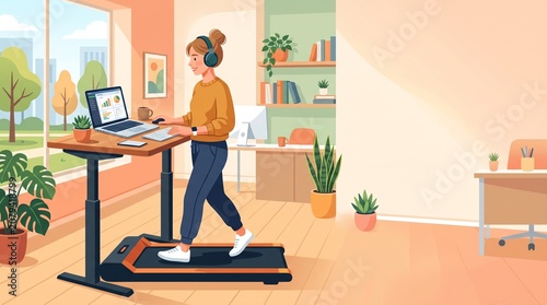 Woman Working on Laptop While Walking on Under-Desk Treadmill at Adjustable Standing Desk in Modern Home Office, Vector Illustration