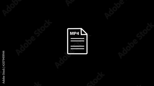 MP4 file icon animation with text label isolated on black background. Mp4 file icon representing digital video format. Ideal for projects related to media, file management, digital storage