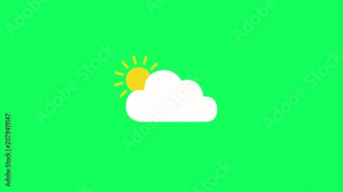 Simple weather icon with cloud and rotating sun animation on green background. Partly cloudy weather forecast icon. Sunny weather icon with sun behind cloud animation with alpha channel