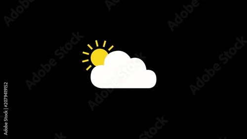 Simple weather icon with cloud and rotating sun animation on black background. Partly cloudy weather forecast icon. Sunny weather icon with sun behind cloud animation with alpha channel