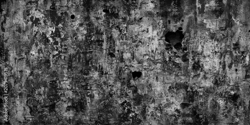 Konstfotografi A high-contrast, black and white distressed concrete wall texture with deep cracks, holes, and weathered peeling paint