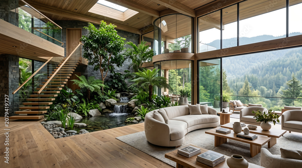 Fototapeta premium Modern luxury villa living room with indoor garden and large windows.