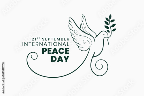 International Peace Day dove with olive branch simple line art illustration for global harmony and unity celebrating September 21st