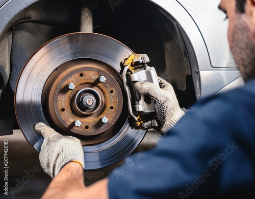 close up mechanics hands changing car brake discs during routine automobile maintenance service