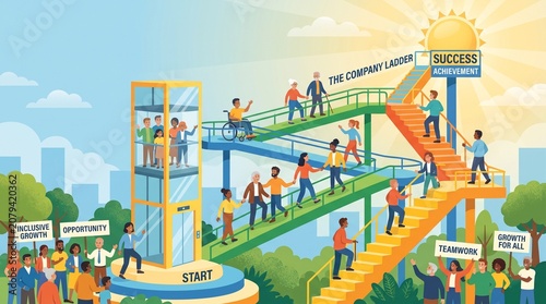Corporate Inclusion and Diversity Concept with People Using Stairs Ramps and Elevator to Climb the Company Ladder to Success Vector Illustration