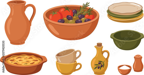 Bilde på lerret Mediterranean pottery and traditional cuisine collection featuring clay jug oliv