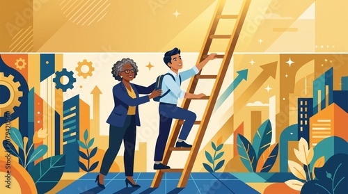 Business Mentor Helping Young Professional Climb Career Ladder Vector Illustration