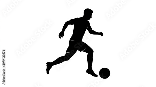 Silhouette of a soccer player running and dribbling a football on a white background