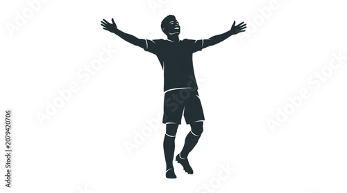 Stylized silhouette of a soccer player celebrating a victory with open arms