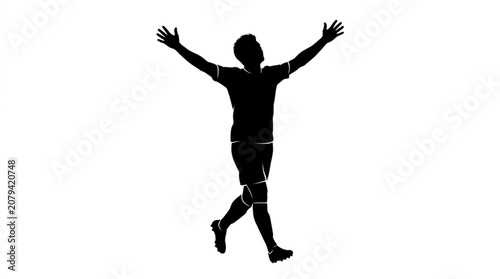 Stylized silhouette of a soccer player celebrating a victory with open arms