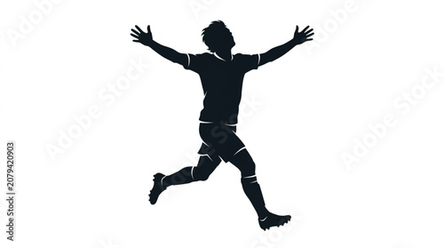 Stylized silhouette of a soccer player celebrating a victory with open arms