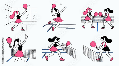 Women tennis players actions and poses flat pattern background
