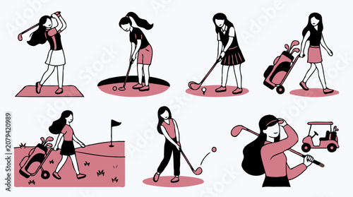 Female golfers character and poses flat pattern background collection