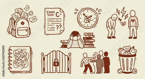 Doodle line art pattern of school issues and life problems