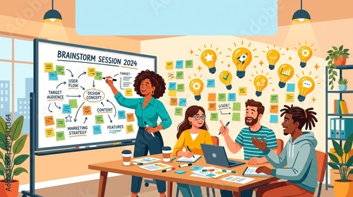 Diverse creative team conducting business brainstorm session in office, presenter explaining project user flow on whiteboard with sticky notes and lightbulbs, startup strategy planning vector illustra