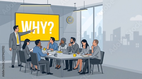 Businessman Pointing at Screen with Why Question During Team Meeting, Corporate Strategy Problem Solving and Purpose Concept Vector Illustration