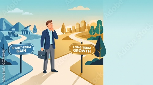 Businessman Making Choice Between Short-Term Gain and Long-Term Growth, Business Strategy Decision Making Concept Vector Illustration