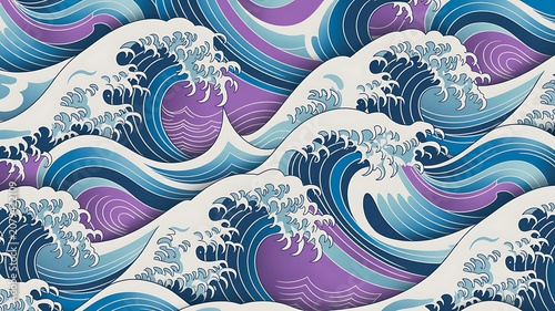Seamless pattern with blue ocean waves in japanese style