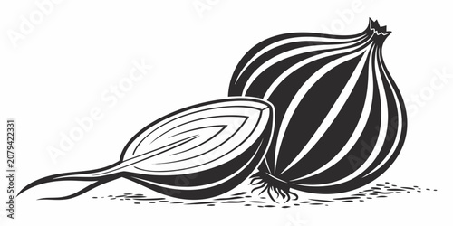 Foto Monochrome graphic illustration of whole and halved onion on ground with vegetab