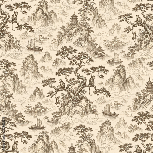 Seamless sepia chinoiserie landscape pattern with mountains, monkeys, pine trees, pagodas, river boats, clouds, and traditional scenic line art