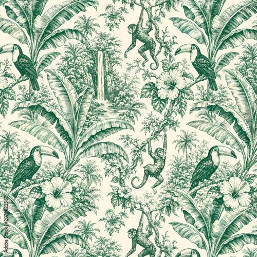 Seamless tropical toile pattern featuring toucans, monkeys, hibiscus flowers, banana leaves, palm trees, and waterfall scenery in green line art