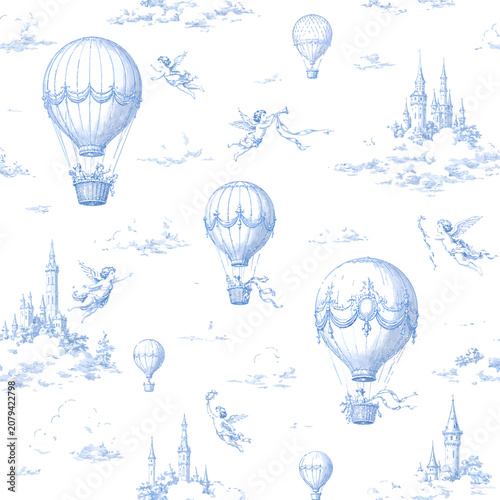 Seamless blue sky toile pattern with vintage hot air balloons, cherubs, floating castles, soft clouds, and whimsical fantasy flight scenes