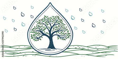 Obraz na płótnie Tree inside water drop shape during rainstorm over wavy land terrain with enviro