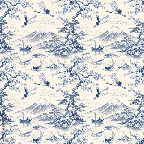 Seamless blue Japanese toile pattern with Mount Fuji, koi fish, cranes, cherry blossoms, pine trees, boats, clouds, and traditional lake scenery