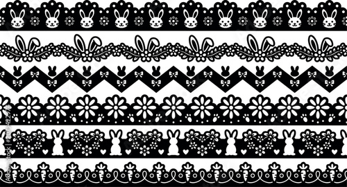 Black and white bunny and floral ornamental pattern borders vector art